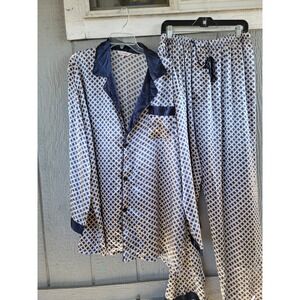 Lonxu Silky Satin Pajama Lounge 3XL Cream Blue pants & Button Up Long Sleeve